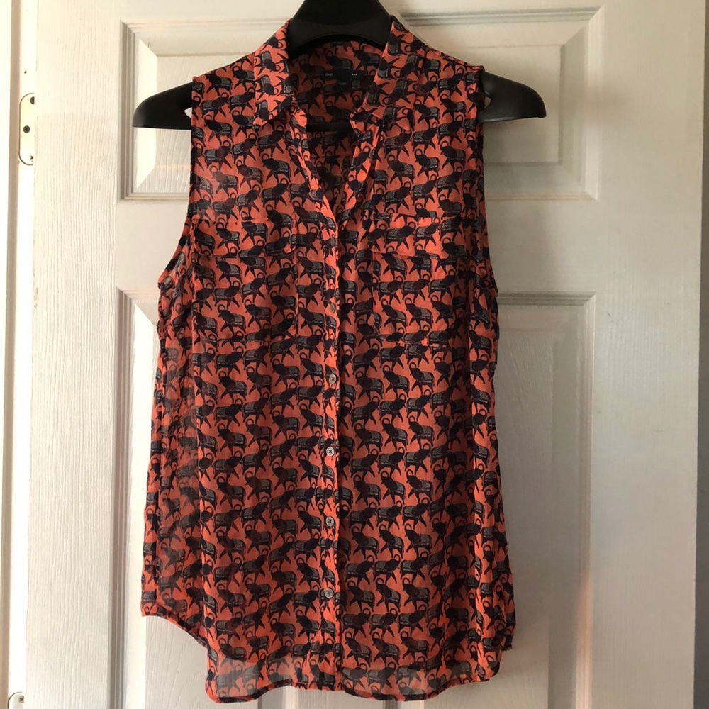 GAP Sheer Sleeveless Button Down Elephant Blouse